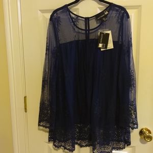 New Antthony Women's  Navy Lace  Long Sleeve Lined Blouse/ Top Size XL
